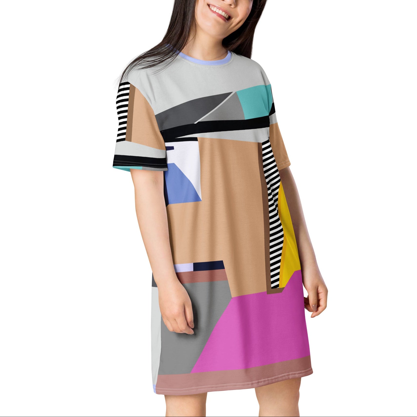 Woman model in colorful pink colorblock t-shirt dress, perfect casual spring party look, birthday party outfit, and stylish event wear