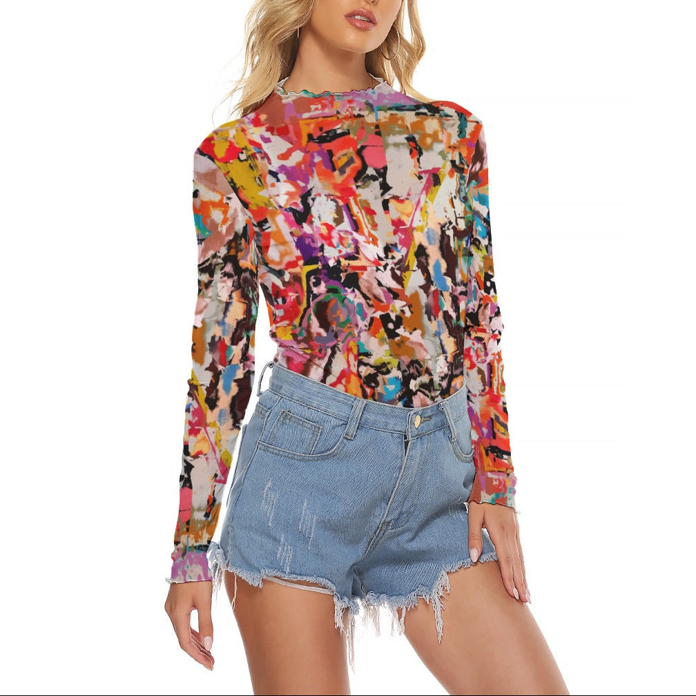 Women's Artistic Mesh Top | Colorful All-Over Print Blouse