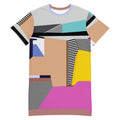 Front view of vibrant pink colorblock t-shirt dress with bold stripes for women, ideal party, casual, and garden party look