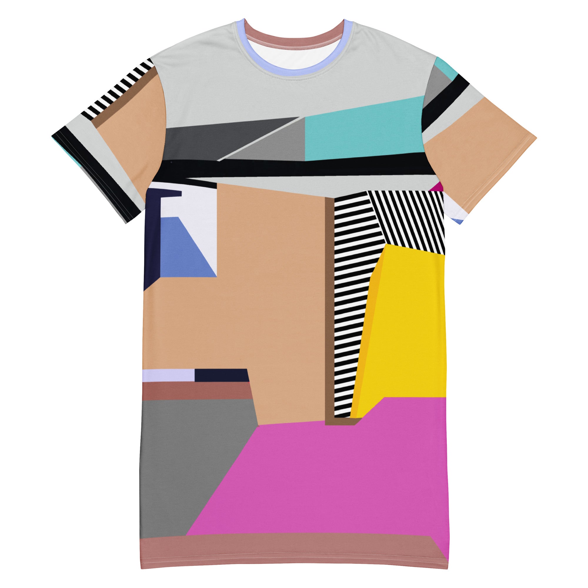 Front view of vibrant pink colorblock t-shirt dress with bold stripes for women, ideal party, casual, and garden party look