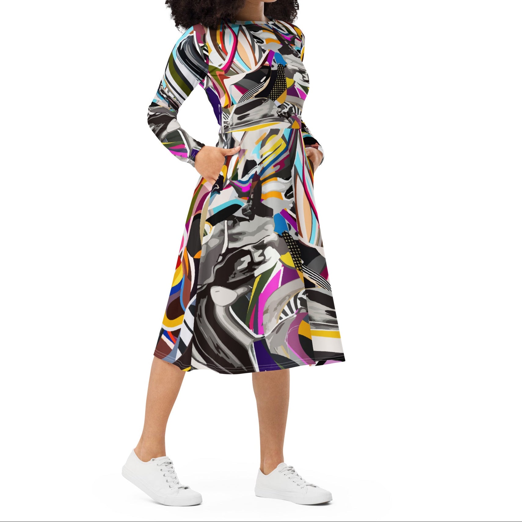 Wavy print midi dress with pockets in grey and black stripes, modern abstract design with long sleeves and a fluid silhouette for effortless contemporary style.