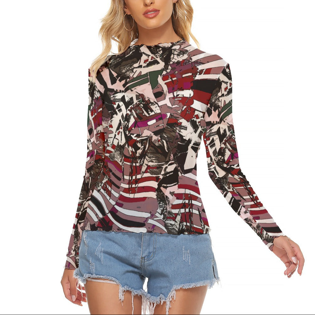 Y2K Graphic Print Sheer Mesh Long Sleeve Top