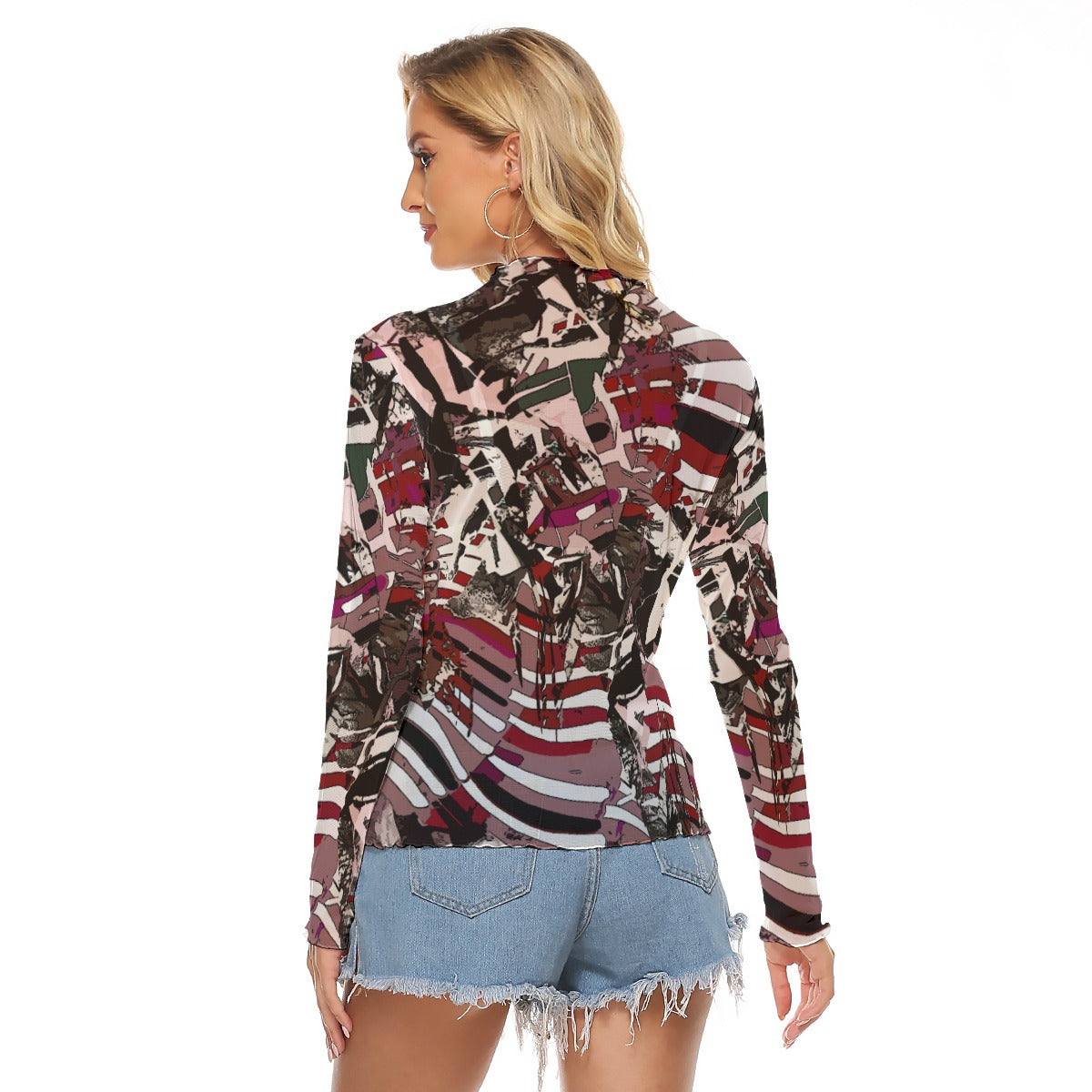 Y2K Graphic Print Sheer Mesh Long Sleeve Top