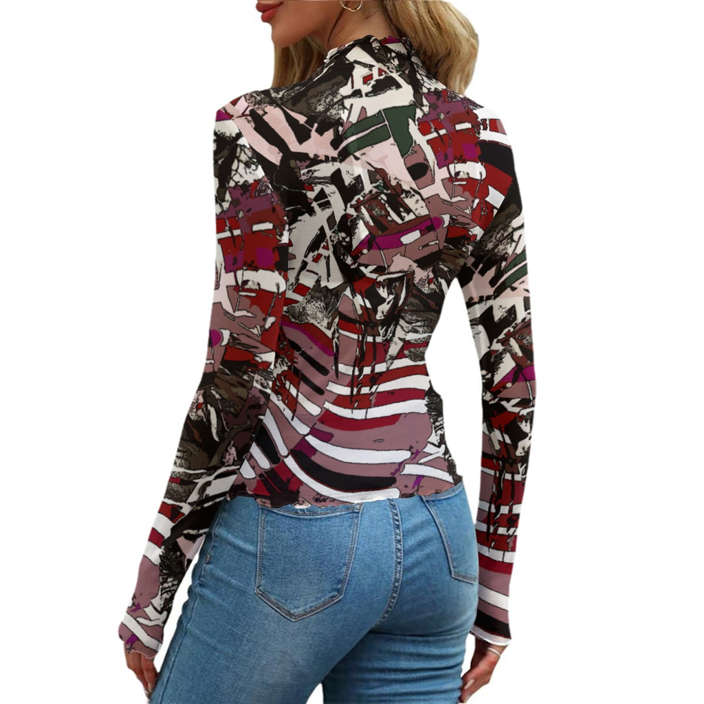 Y2K Graphic Print Sheer Mesh Long Sleeve Top