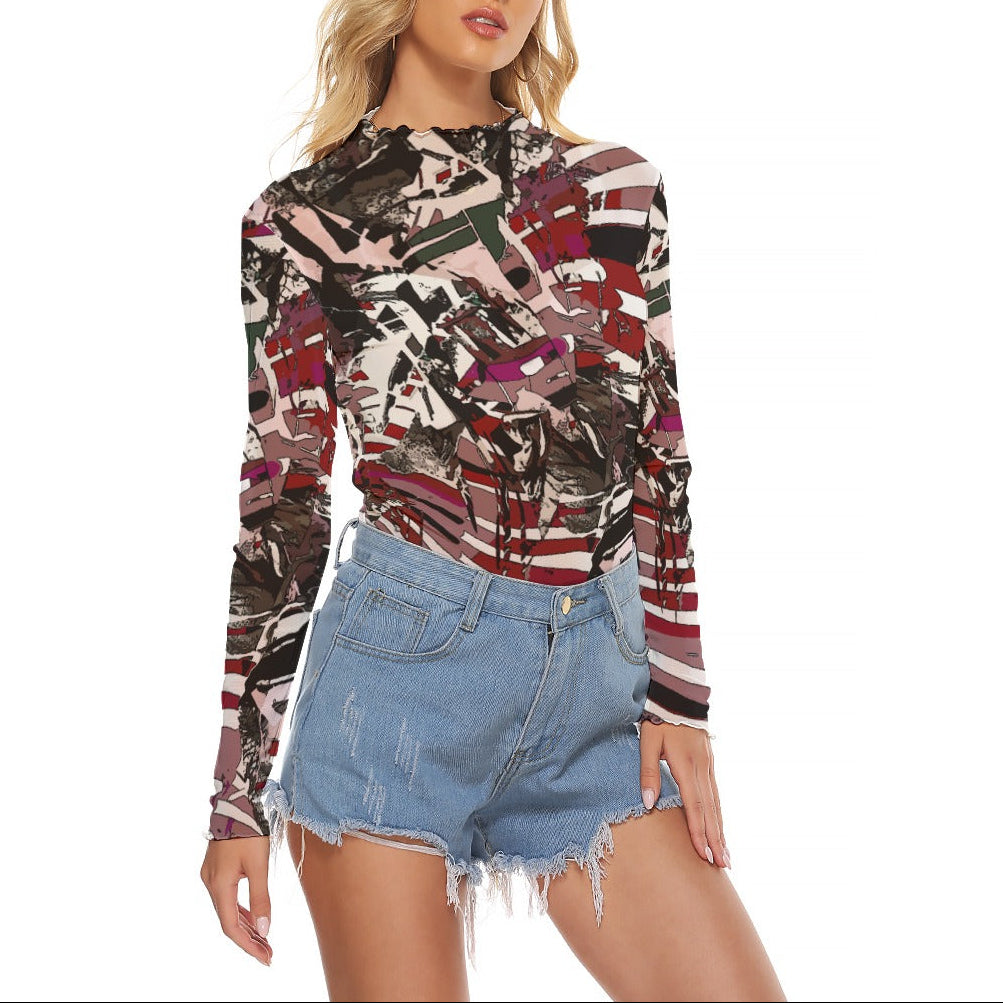 Y2K Graphic Print Sheer Mesh Long Sleeve Top