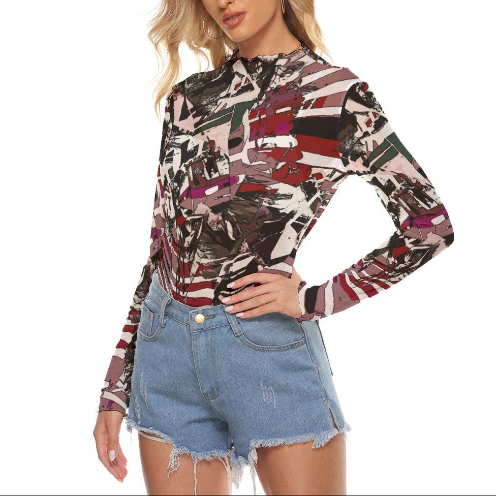 Y2K Graphic Print Sheer Mesh Long Sleeve Top