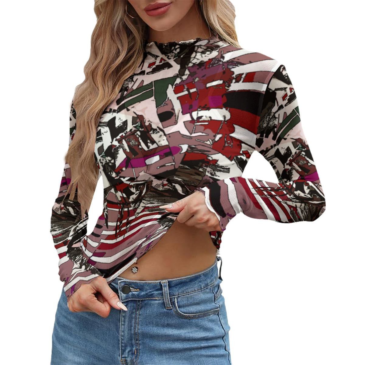Y2K Graphic Print Sheer Mesh Long Sleeve Top