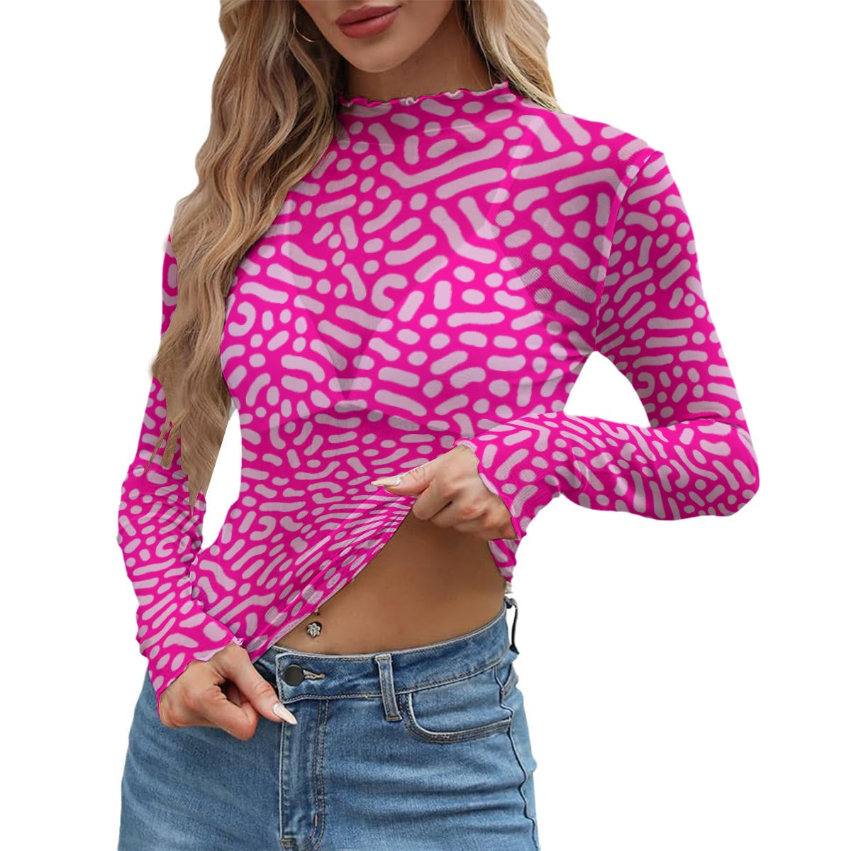 Y2K Hot Pink Abstract Print Sheer Mesh Long Sleeve Top