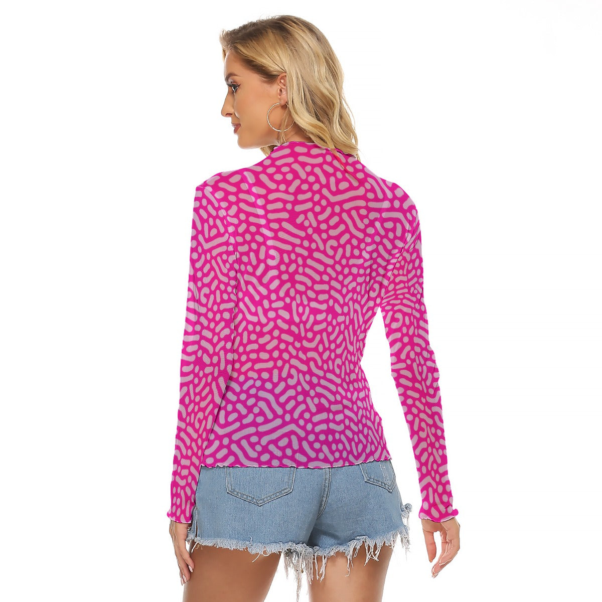 Y2K Hot Pink Abstract Print Sheer Mesh Long Sleeve Top back