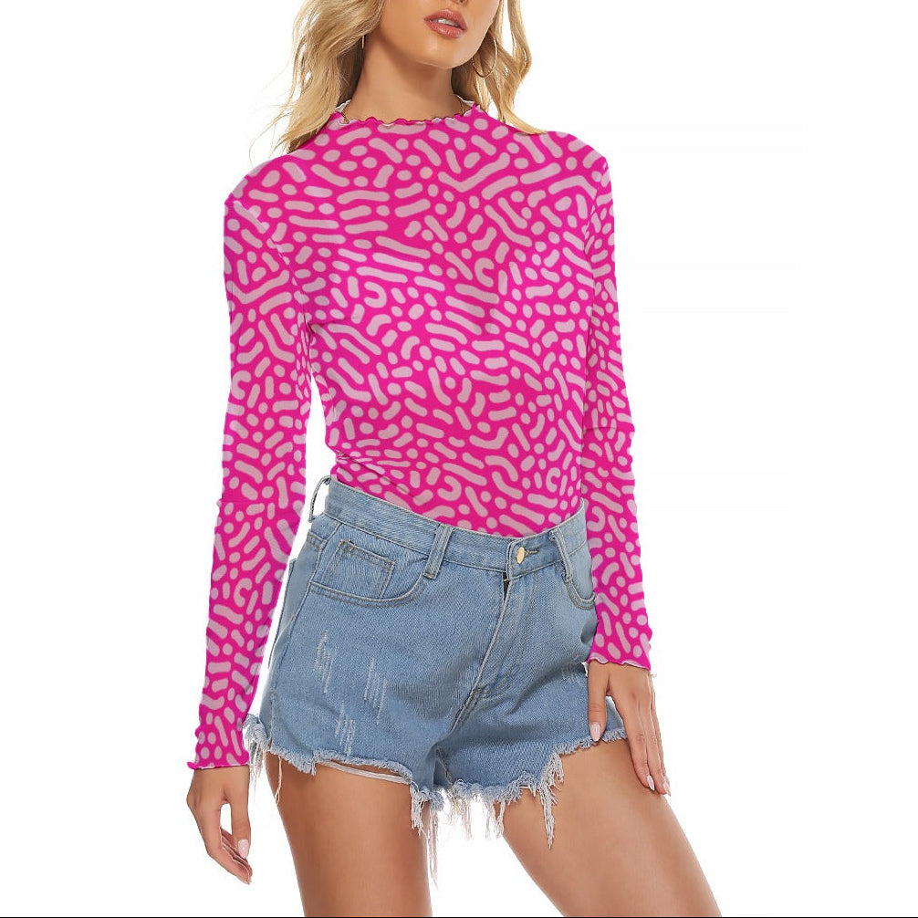 Y2K Hot Pink Abstract Print Sheer Mesh Long Sleeve Top