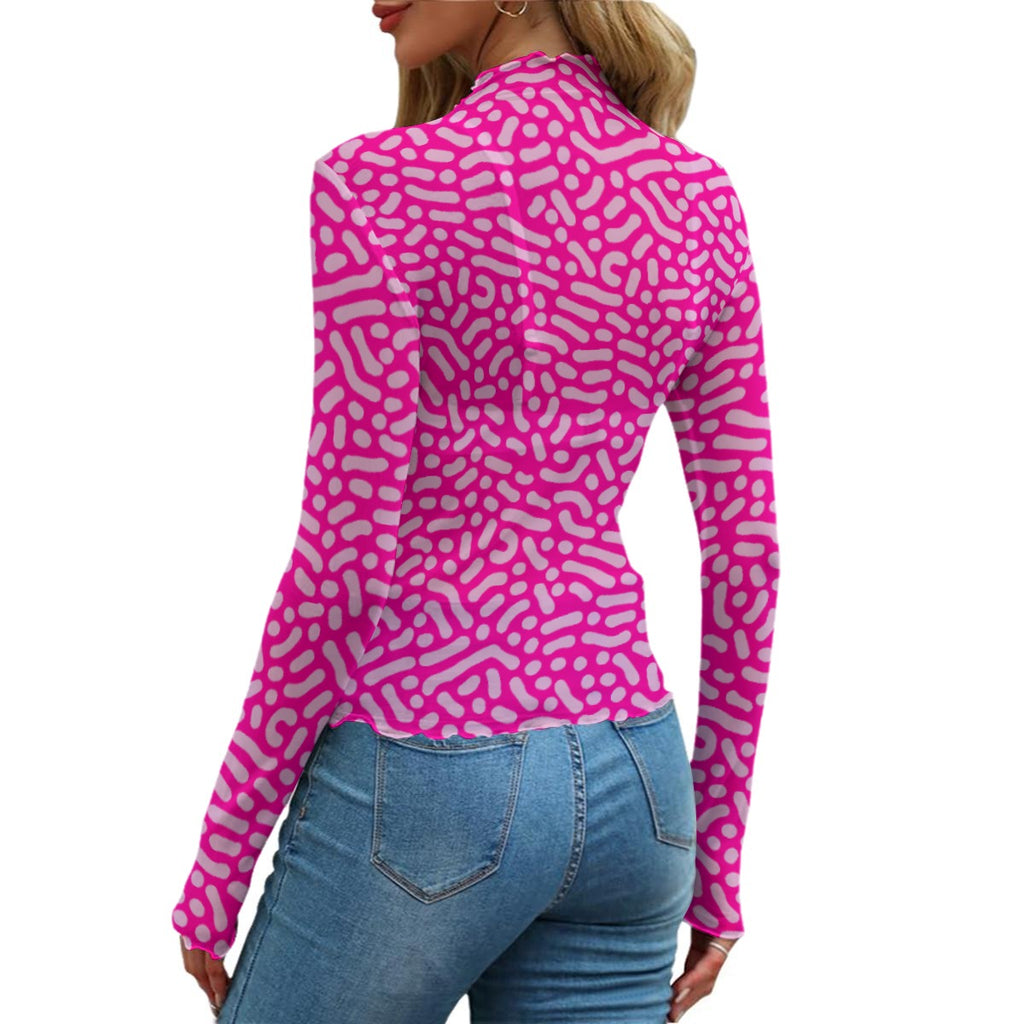 Y2K Hot Pink Abstract Print Sheer Mesh Long Sleeve Top