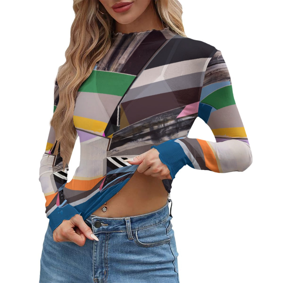Y2K Mesh Long Sleeve Top Graphic Printed