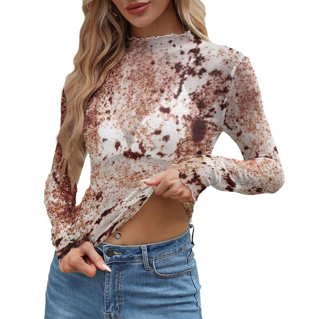 Y2K Vintage Rust Abstract Sheer Mesh Long Sleeve Top with Lettuce Trim for Women