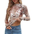 Y2K Vintage Rust Abstract Sheer Mesh Long Sleeve Top with Lettuce Trim for Women