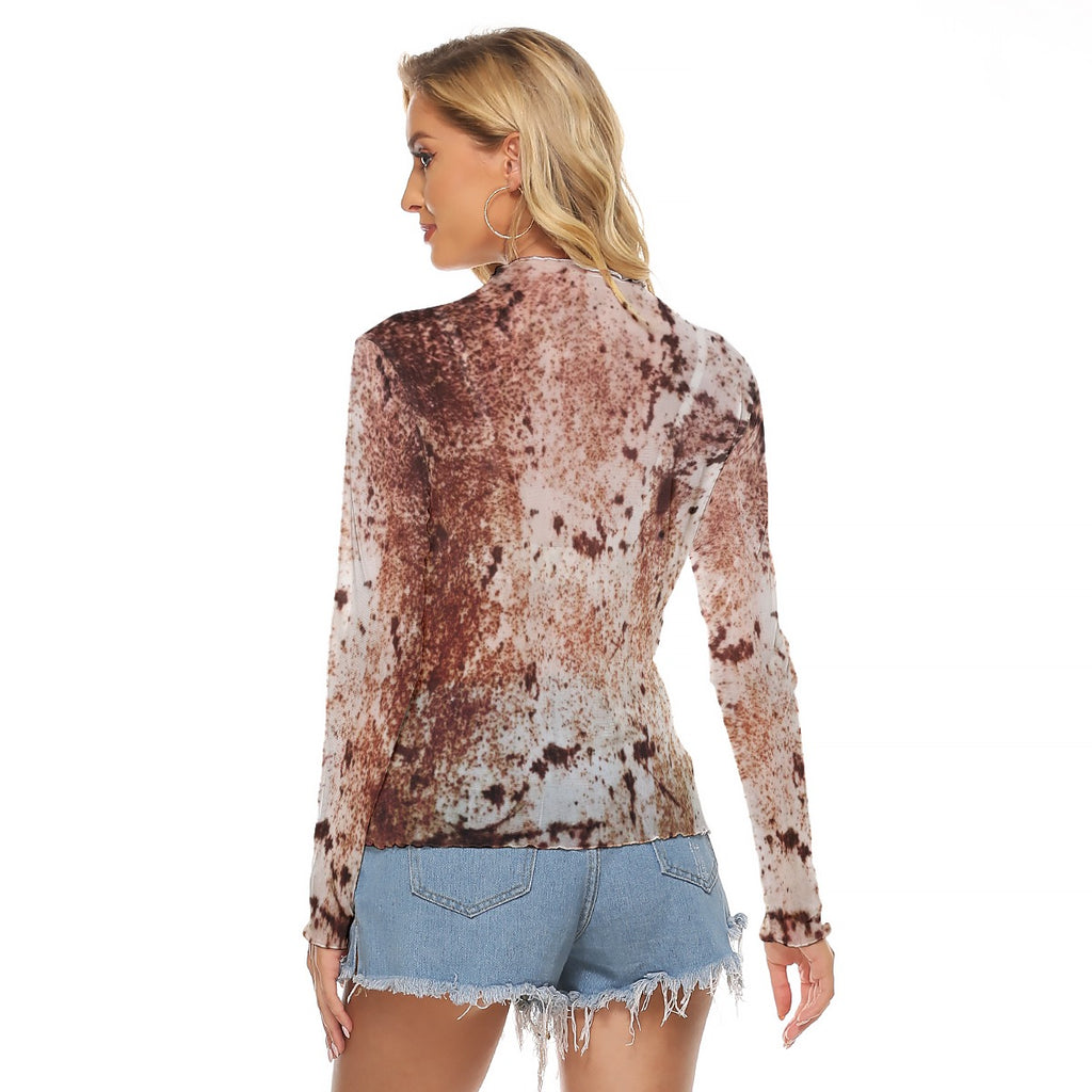 Y2K Vintage Rust Abstract Sheer Mesh Long Sleeve Top with Lettuce Trim for Women