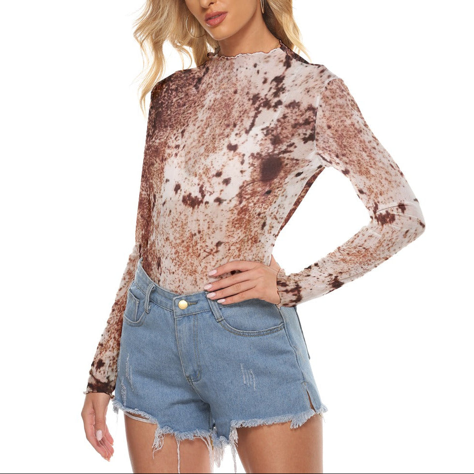 Y2K Vintage Rust Abstract Sheer Mesh Long Sleeve Top with Lettuce Trim for Women