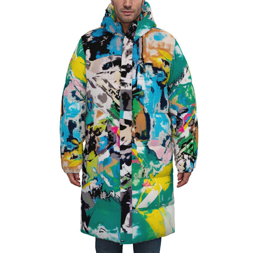 Man wearing abstract printed long down puffer coat outdoors