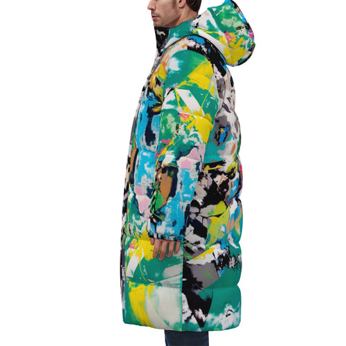 Side profile of colorful patterned long winter coat with hood