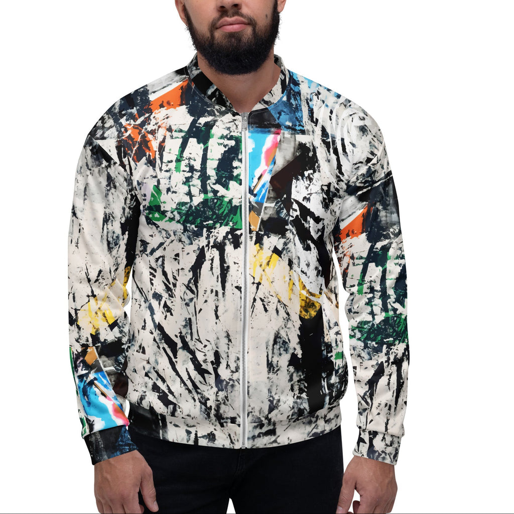 Man wearing Abstract black and white bomber jacket graffiti style.