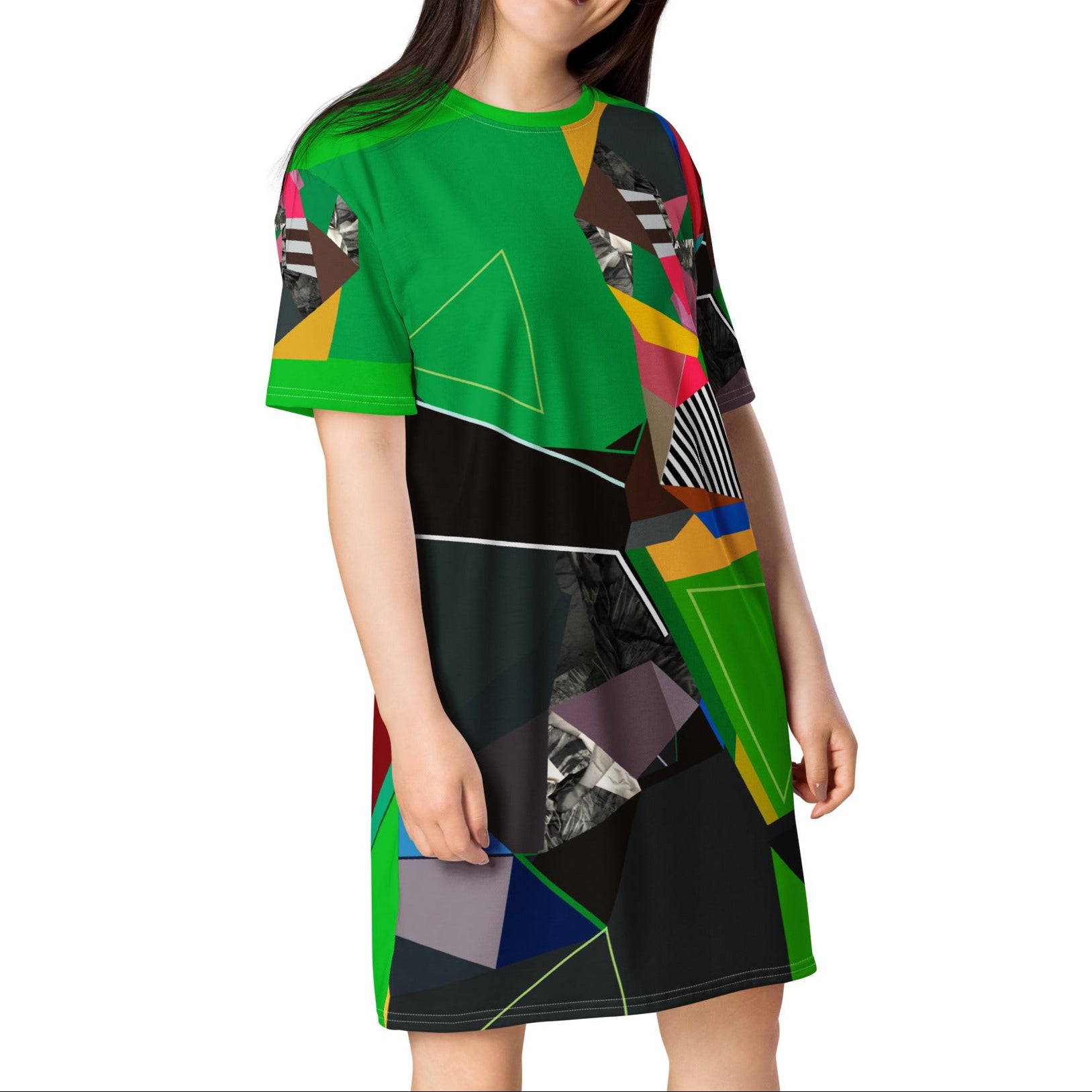 Model wearing green abstract print T-shirt dress with short sleeves, modern casual street style outfit, relaxed fit summer fashion look