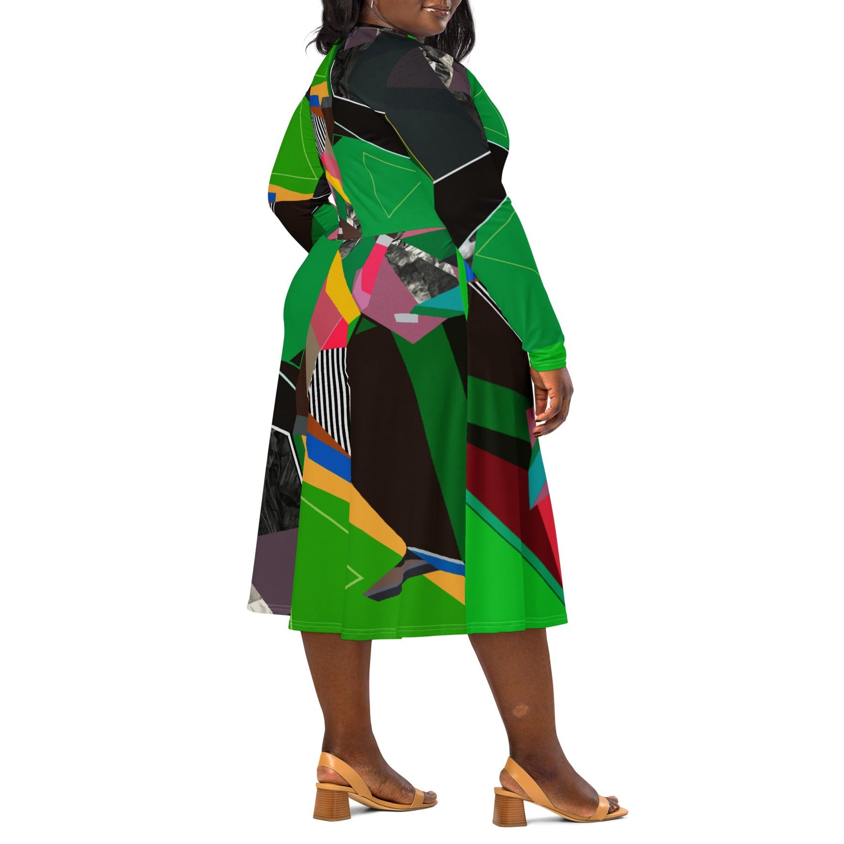 Plus size woman wearing a green abstract midi dress with long sleeves, artistic patterned dress mockup, flattering fit and modern statement fashion