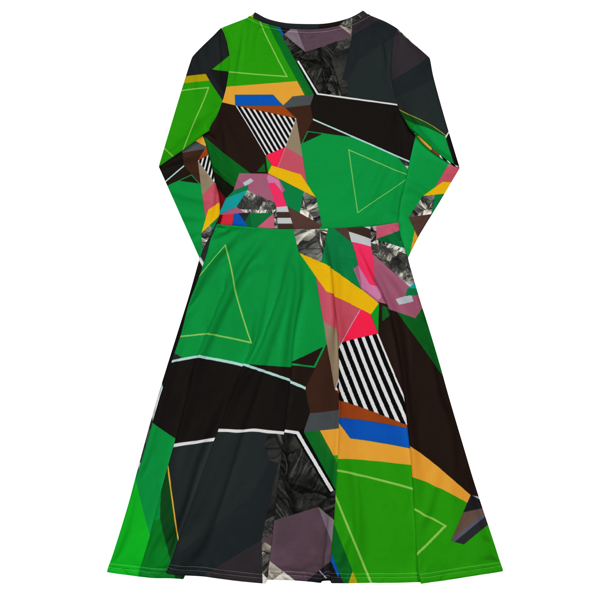 Green abstract midi dress back view mockup, abstract pattern detail and flowing silhouette
