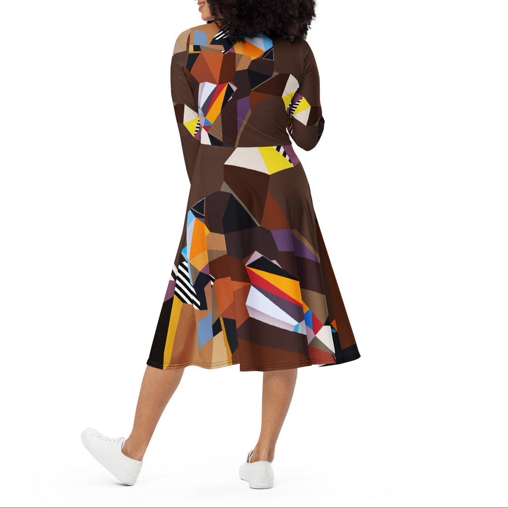 Back view of a woman wearing a brown geometric artistic midi dress with long sleeves, unique abstract pattern design, stylish and elegant outfit