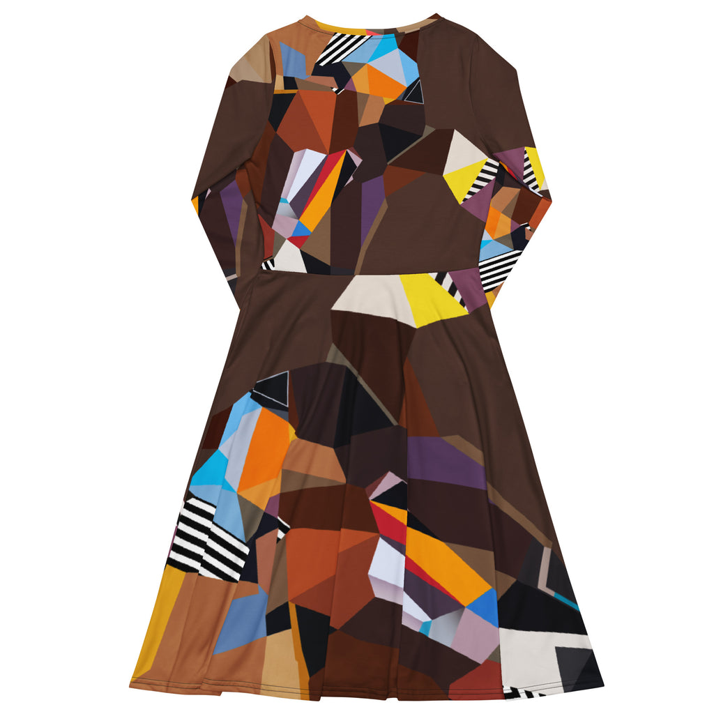 back view of a brown geometric artistic midi dress with long sleeves, functional pockets, and flowy skirt, contemporary statement dress for women