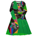 Green abstract midi dress front view mockup, long sleeve artistic patterned dress for women