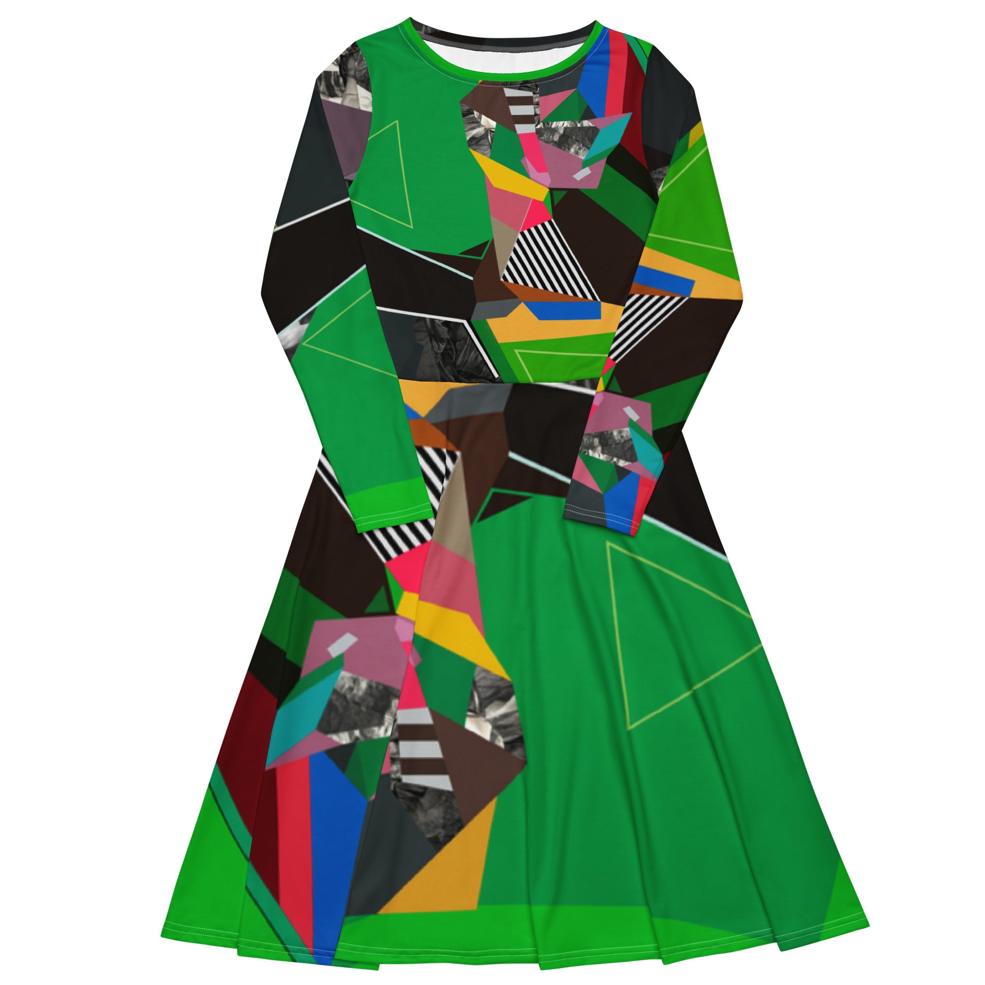 Green abstract midi dress front view mockup, long sleeve artistic patterned dress for women