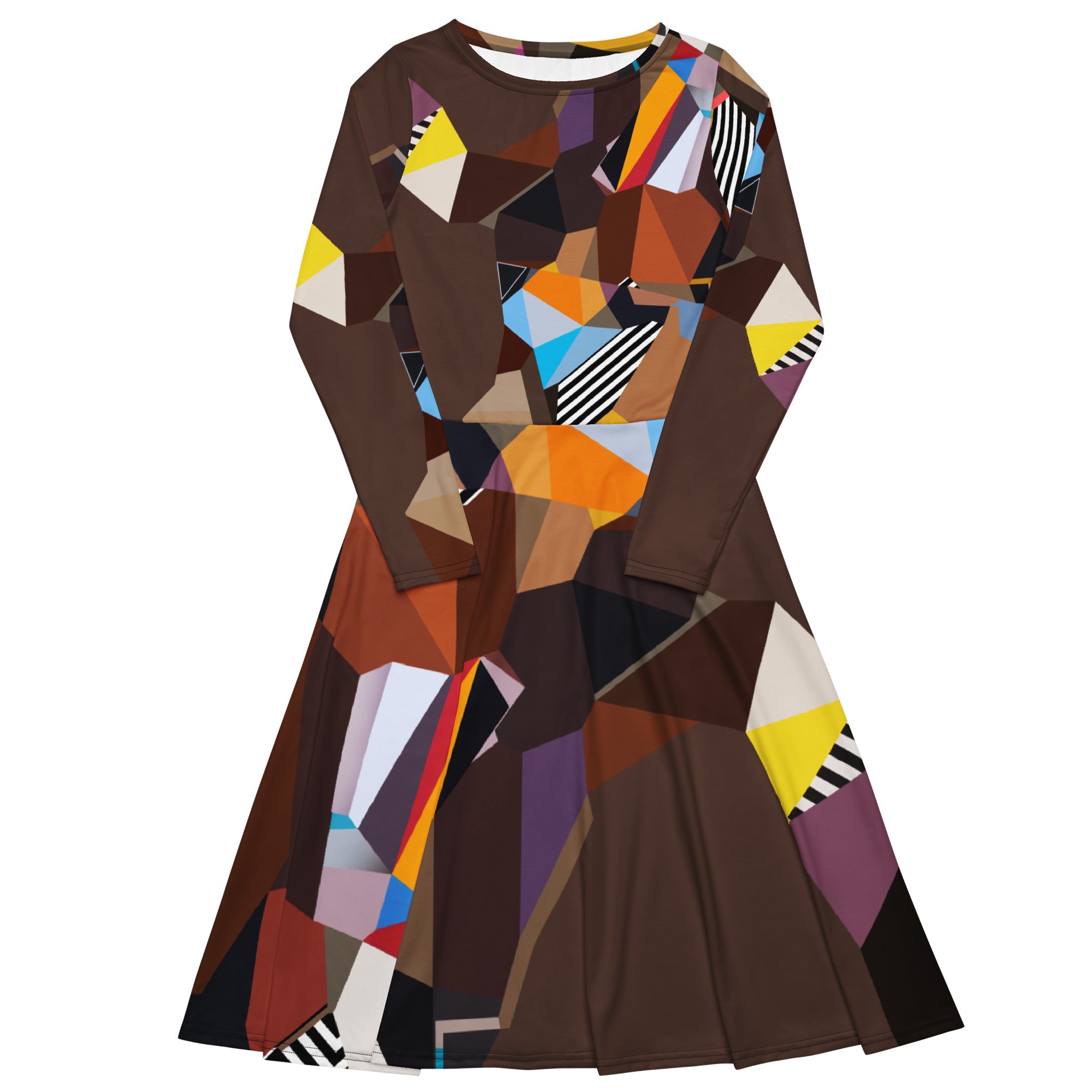 Front view of a dress with a brown geometric artistic midi dress with long sleeves and pockets, modern wearable art fashion, flattering silhouette for women