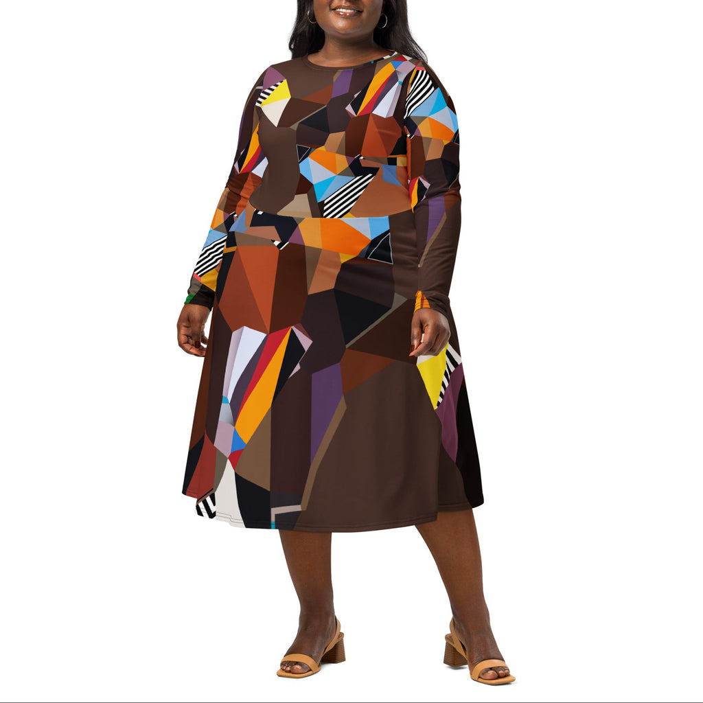 Plus size Woman wearing a brown geometric artistic midi dress with long sleeves and functional side pockets, modern statement fashion dress for women, flattering fitted waist and flowy skirt, unique contemporary wearable art design, stylish outfit for everyday wear, casual outings, and special occasions