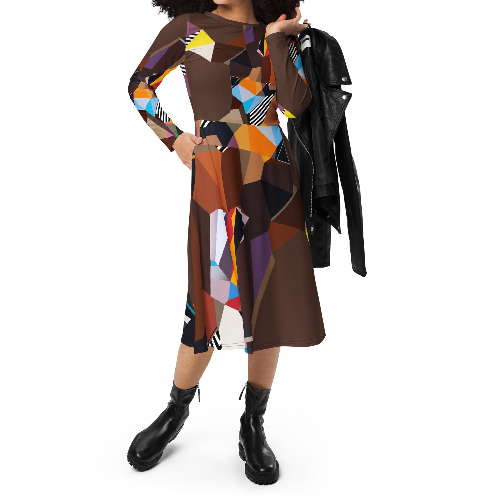 Woman wearing a brown geometric artistic midi dress with long sleeves and functional side pockets, modern statement fashion dress for women, flattering fitted waist and flowy skirt, unique contemporary wearable art design, stylish outfit for everyday wear, casual outings, and special occasions
