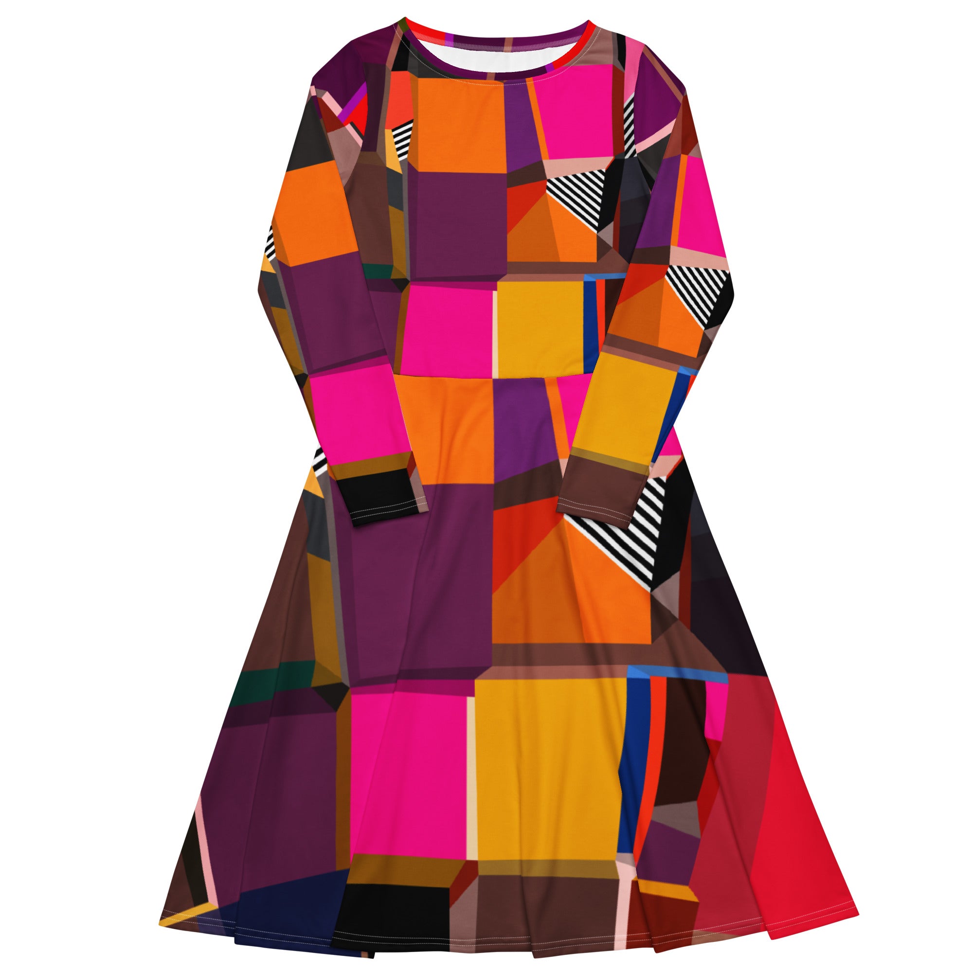 Vibrant multicolor geometric print dress for women, bold artistic statement dress for spring festival, party or special event, trendy wearable art fashion piece