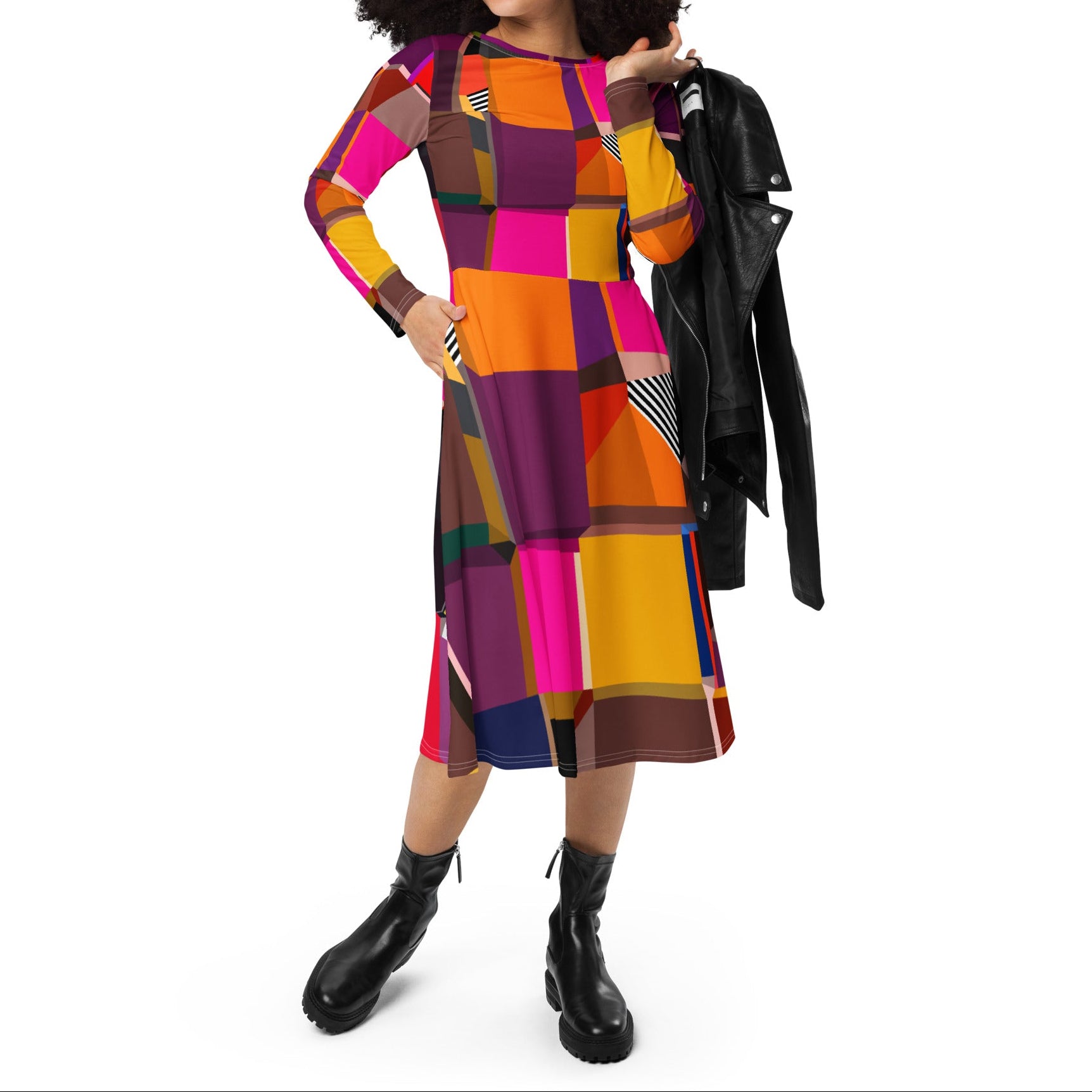 Colorful multicolored geometric pattern dress for women, vibrant spring festival party statement dress, artistic wearable art fashion, trendy bold event outfit