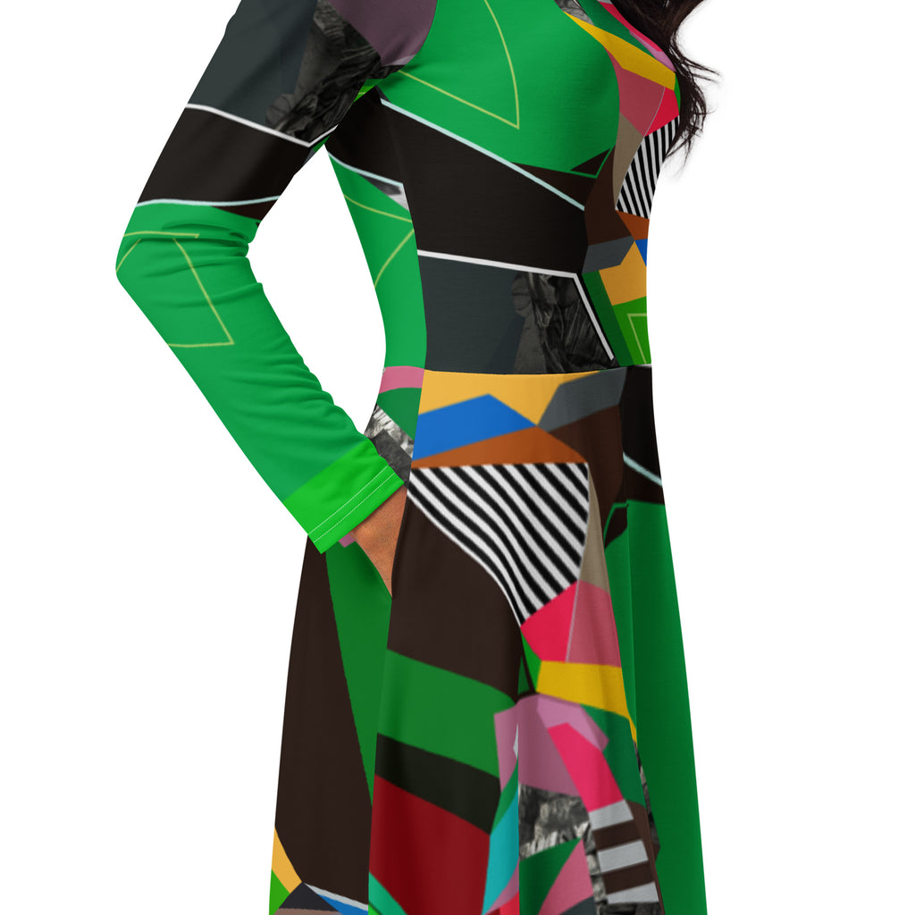 Model wearing green abstract midi dress mockup, modern artistic midi dress for women