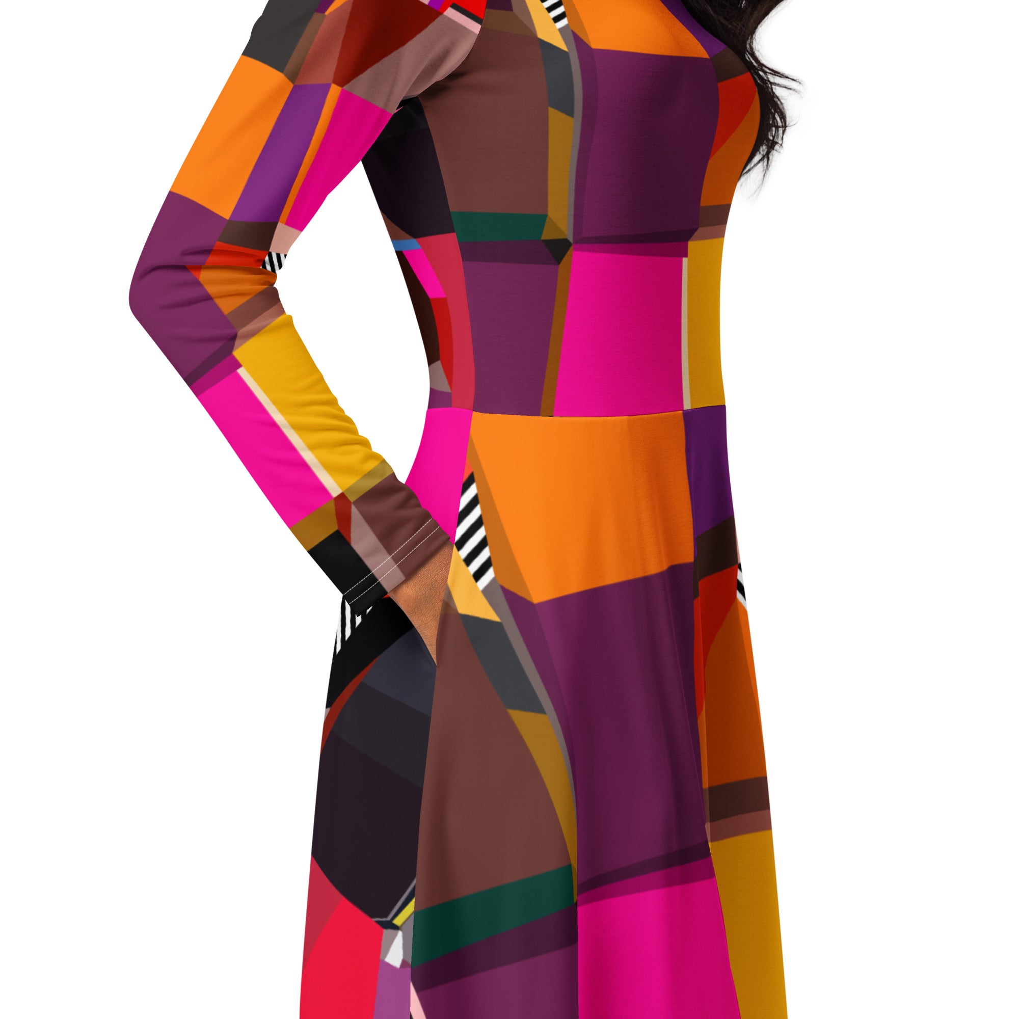 Colorful multicolored geometric midi dress for women with long sleeves and pockets, vibrant spring festival statement dress, artistic wearable art party outfit