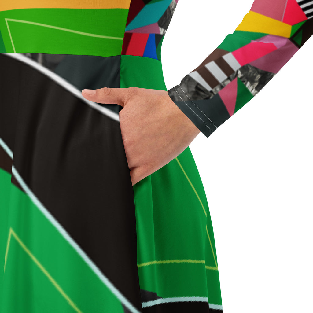 Close-up of green abstract print on a midi dress, artistic pattern fabric detail, modern wearable art fashion design