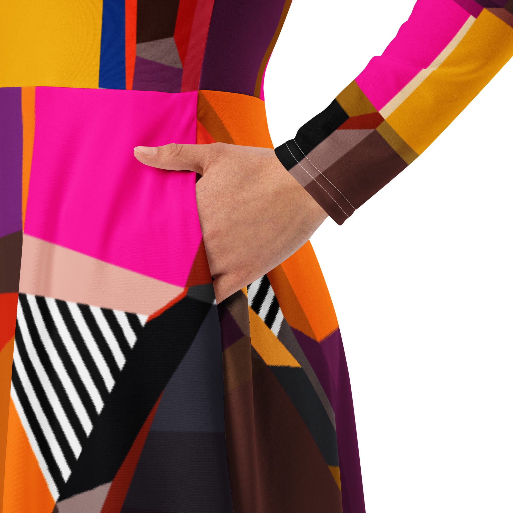 Bold colorful geometric pattern dress for women, trendy spring festival party outfit, artistic statement dress and wearable art fashion for standout style