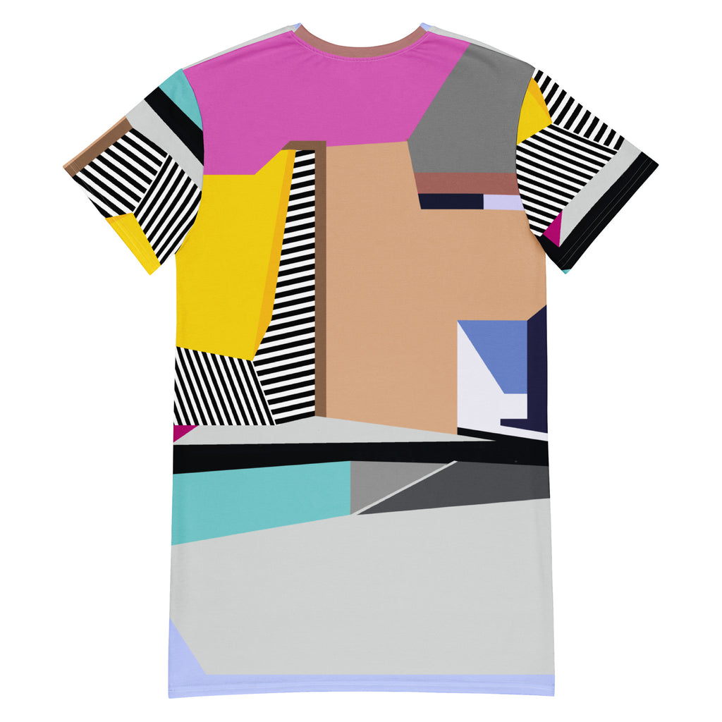 Back flat view of pink colorblock t-shirt mini dress with bold stripes, casual and statement look for parties, garden gatherings, and birthdays, festivals, events, art galleries