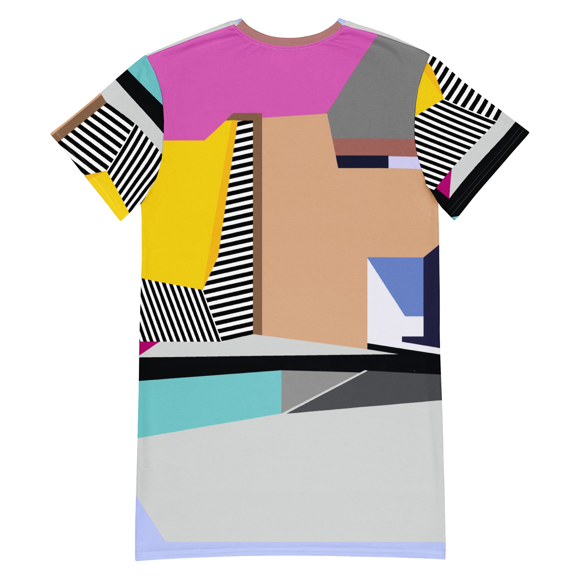 Back flat view of pink colorblock t-shirt mini dress with bold stripes, casual and statement look for parties, garden gatherings, and birthdays, festivals, events, art galleries