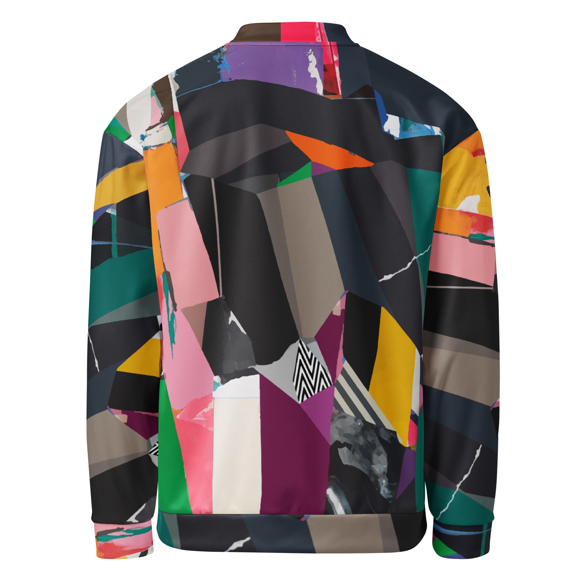 Back view of a men’s artsy bomber jacket with vibrant colorful pattern, modern streetwear style