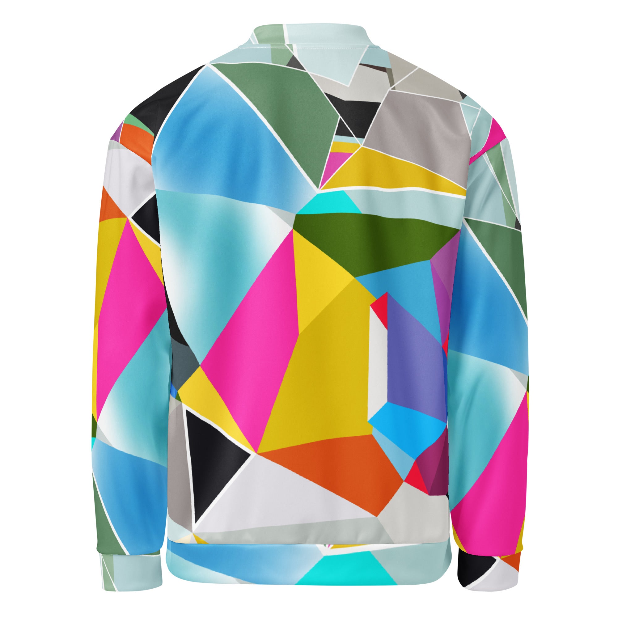 Colorful geometric satin bomber jacket for men, funky statement spring jacket for festivals, parties, events and bold streetwear looks