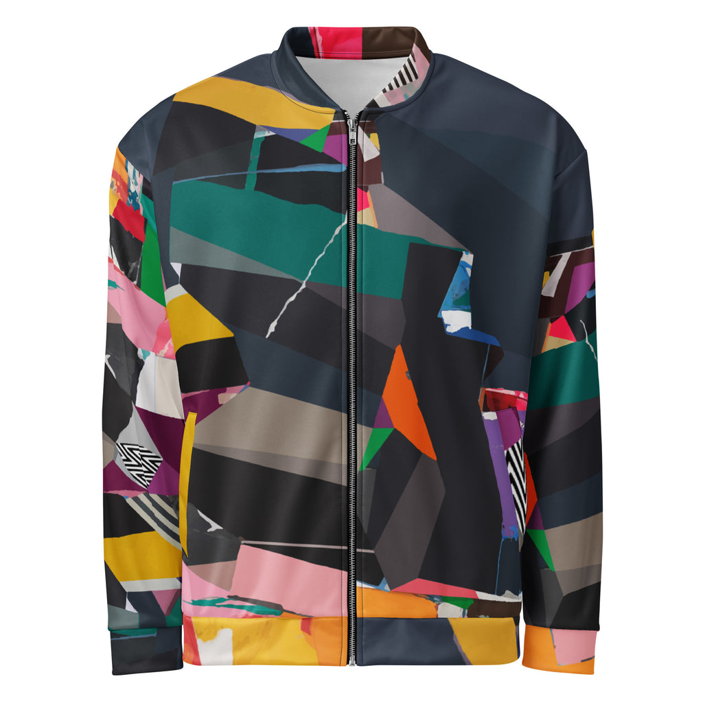 Men’s artistic bomber jacket with colorful abstract painting design, vibrant artsy streetwear, modern wearable art fashion for men