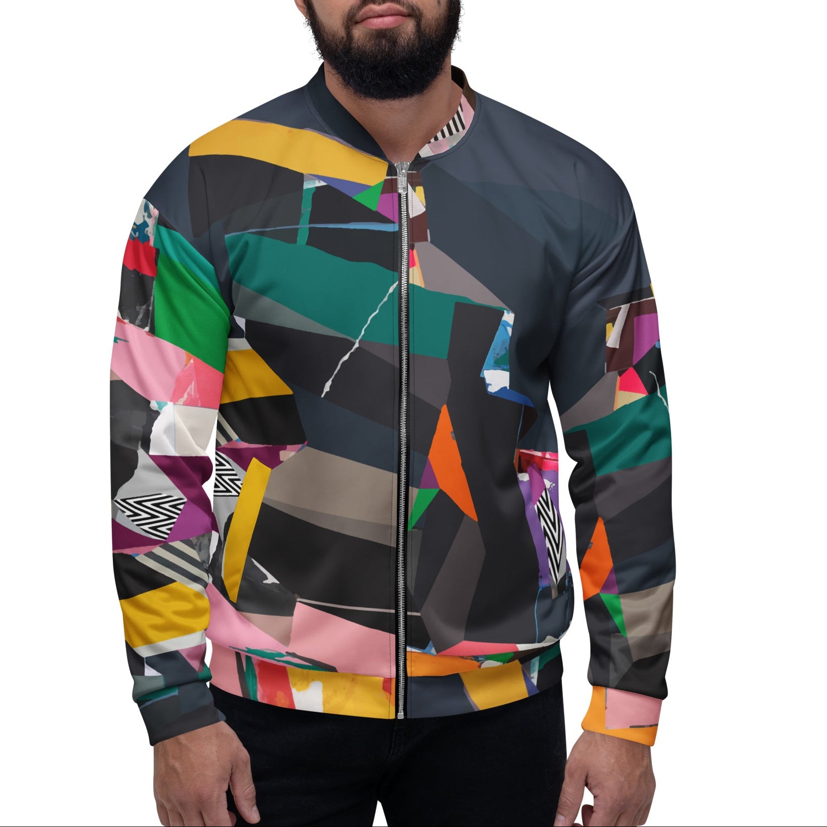 Model wearing a vibrant artsy bomber jacket for men, bold colorful statement fashion