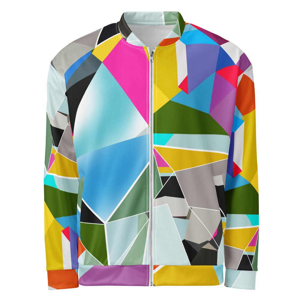 Colorful geometric satin bomber jacket for men with bold funky pattern, statement spring jacket for parties, festivals and events, unique modern men’s bomber