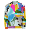 Colorful geometric satin bomber jacket for men with bold funky pattern, statement spring jacket for parties, festivals and events, unique modern men’s bomber