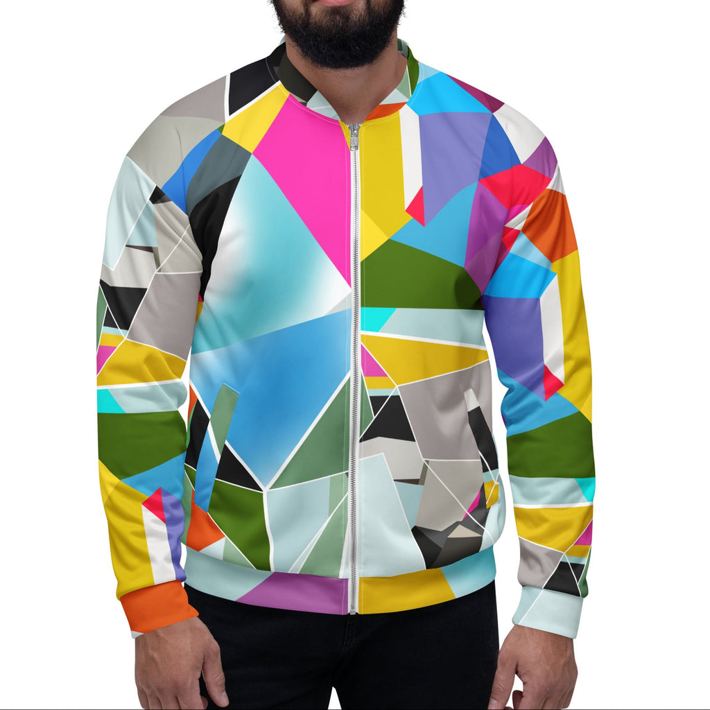 Unique men’s satin bomber jacket with colorful geometric design, funky statement jacket for spring festivals and parties