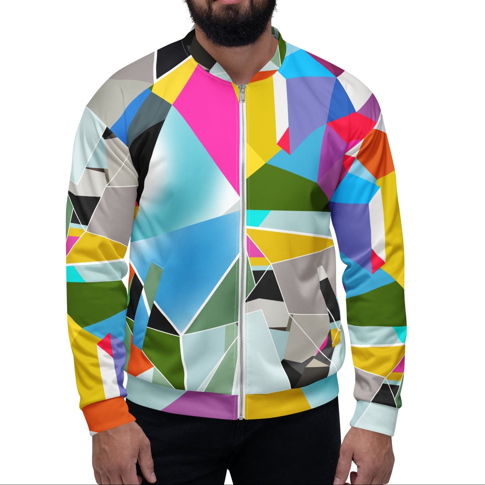 Unique men’s satin bomber jacket with colorful geometric design, funky statement jacket for spring festivals and parties