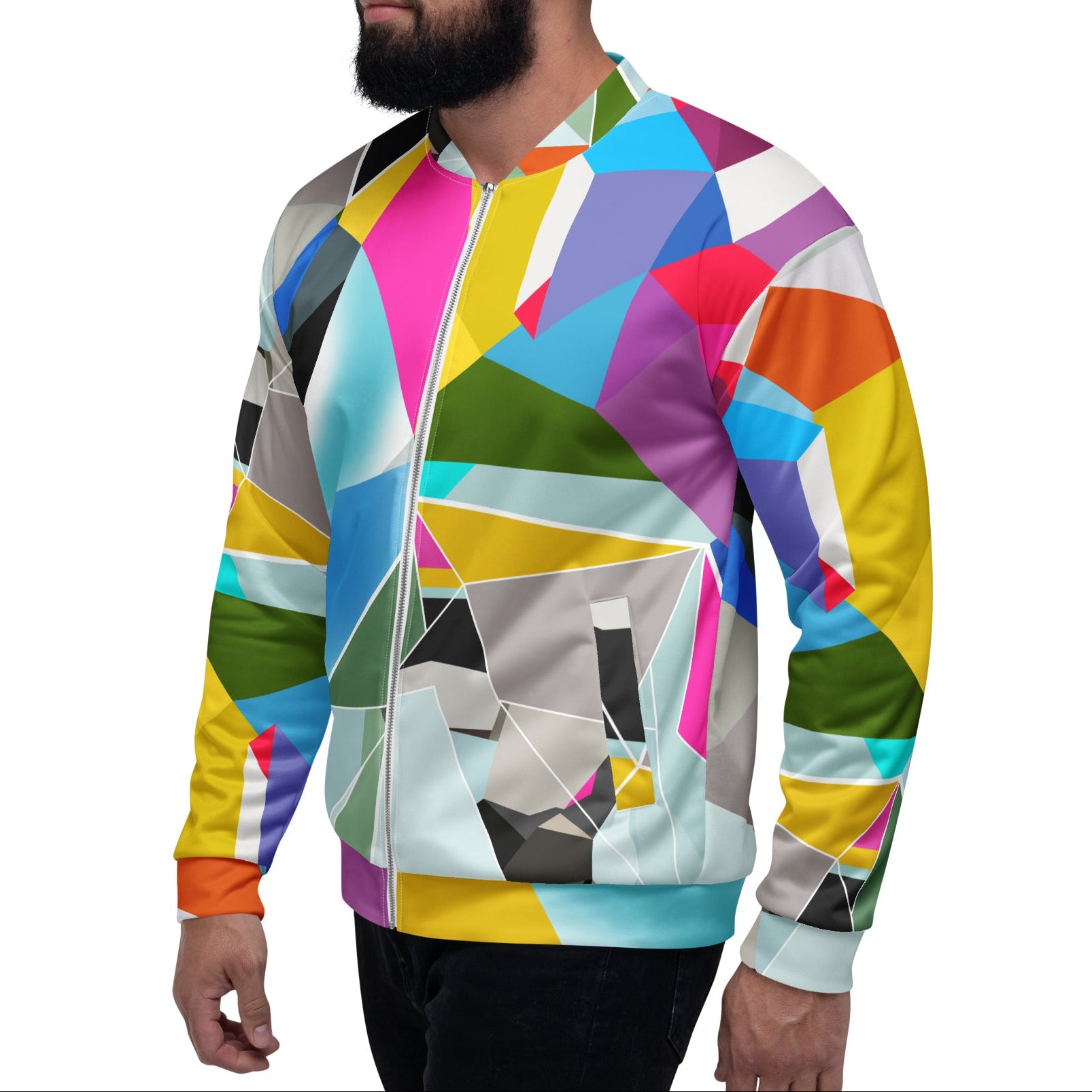 Men’s colorful geometric satin bomber jacket, bold statement outerwear for spring, festivals, parties and creative events